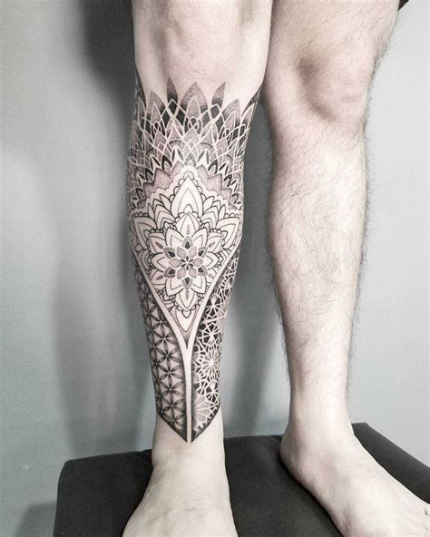 Geometric And Mandala Piece Inked On The Right Shin Leg Sleeve Tattoo