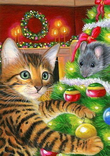 Aceo Original Bengal Cat Mouse Christmas Tree Decorations Holiday