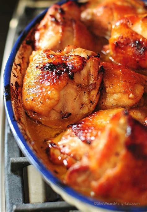 Dust chicken with flour (gives the chicken a slight crust so the sauce clings to it better!) sear chicken, add butter, garlic, vinegar, soy sauce, honey. Honey Soy Baked Chicken Thighs Recipe | Recipes, Food ...