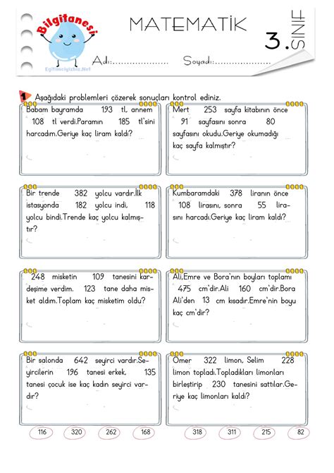 3 Sınıf Toplama Çıkarma İşlemi Problemleri 1 3 Sınıf Matematik