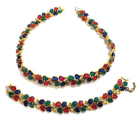Tutti Frutti Glass Stone Vintage Necklace And Bracelet For Sale At