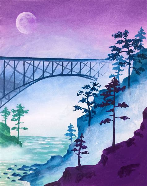 Paint Nite Bridge In The Mist Landscape Drawings Watercolor Art