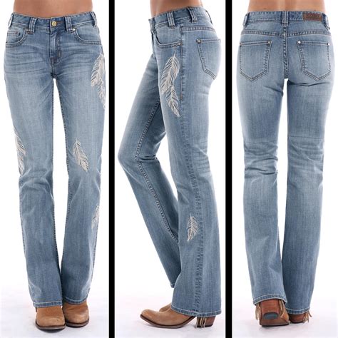 Rock And Roll Cowgirl Feather Mid Rise Bootcut Jeans Westernbutikkenno