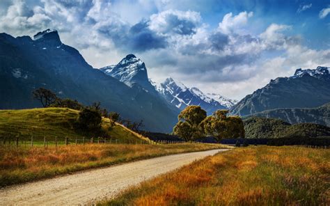 New Zealand Nature Landscape Mountains Road Trees Grass Clouds
