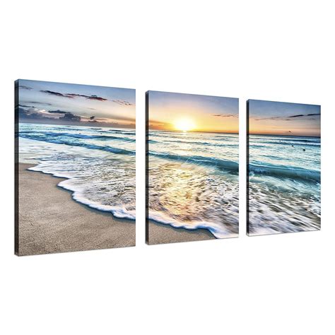 Beach Canvas Wall Art Sunset Sand Ocean Sea Wave 3 Panel Home Picture