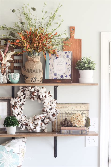 I have no idea how to decorate this huge walls! Fall Farmhouse Kitchen Shelves & Decorating Simply Through ...