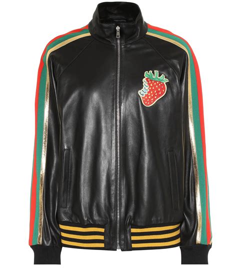 Gucci Leather Bomber Jacket With Strawberry In Black Lyst