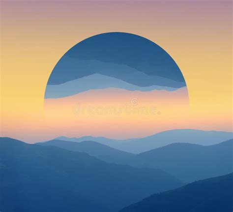 Sunrise Over Mountains Silhouettes Geometric Reflections Effect Stock