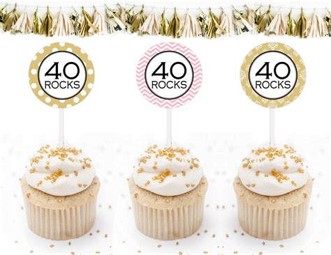 40th Birthday Cupcake Toppers Printable 40 Rocks Cupcake Toppers Pink