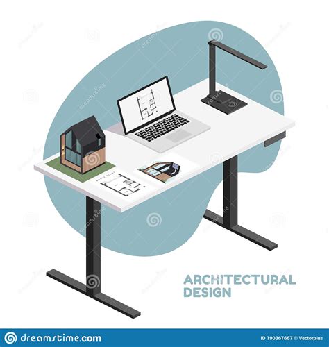 Architect Isometric Desktop With Tools Including Laptop Lamp And