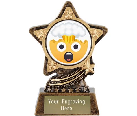 The exploding head emoji shows a yellow face with a nuclear mushroom cloud of smoke coming from the top of its head. Exploding Head Emoji Trophy by Infinity Stars 10cm (4")