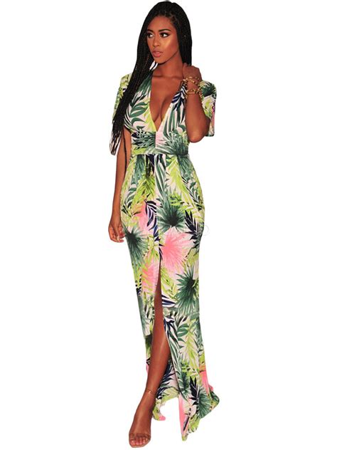 Women Maxi Dress Tropical Print Split Backless Short Sleeve Summer