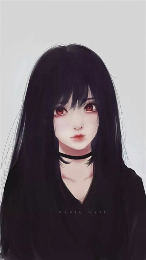Download 480x854 Realistic Anime Girl Black Hair Red