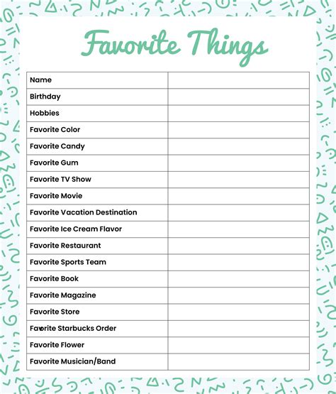 Staff Favorites Printable Employee Favorite Things List Web My Favorites List Is The Best