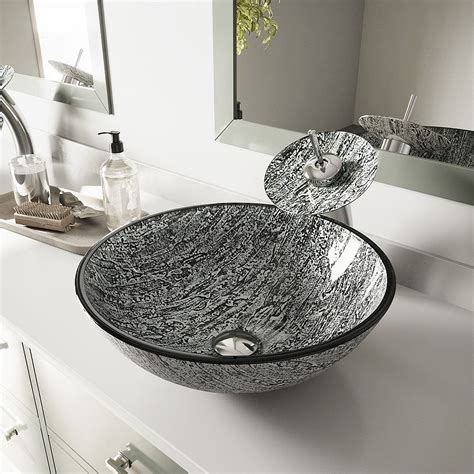 Vigo Glass Round Vessel Bathroom Sink In Titanium Gray With Waterfall