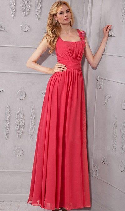 Sheath Square Neck Long Coral Chiffon Bridesmaid Evening Dress Coral