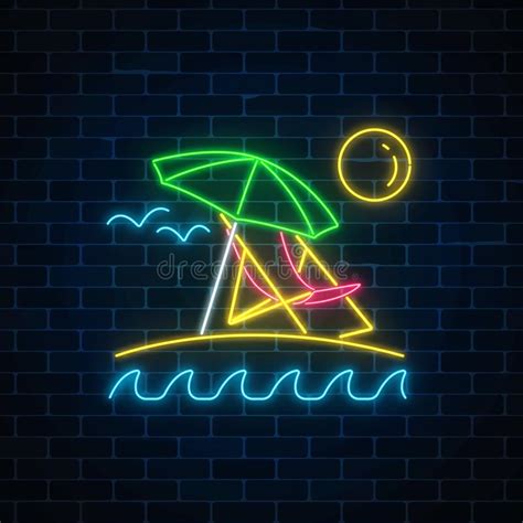Glowing Neon Summer Sign With Umbrella Sun Chaise Longue And Ocean