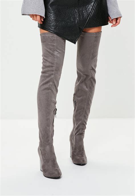 missguided grey feature heel thigh high boots in gray lyst