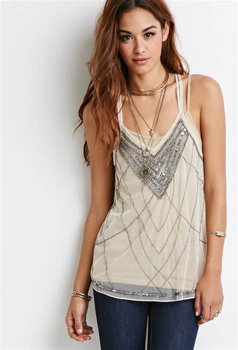 Forever 21 Sequined Mesh Halter Top In Gold Champagnegunmetal Lyst
