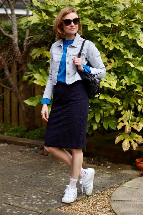 blue blouse navy pencil skirt and grey denim spring outfit fake fabulous