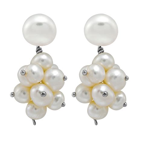 Stunning Freshwater White Pearl Cluster Mum Post Drop Dangle Earrings