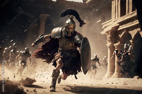 Roman Soldier Fighting In Battle Legionnaire Wielding A Sword In