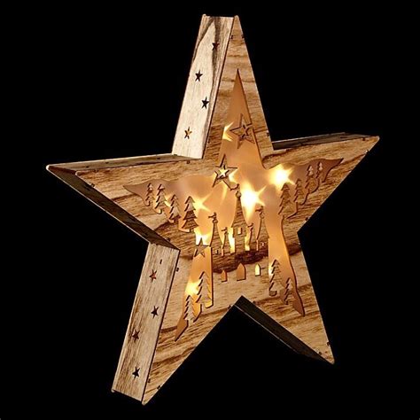 Illuminated Wooden Natural Christmas Light Up Star Box Decoration Warm