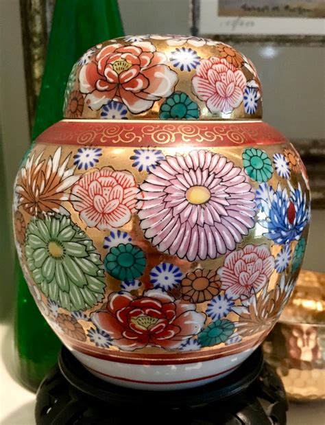Pretty Painted Japanese Ginger Jar With Display Stand Floral Etsy