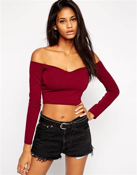 Asos Crop Top With Bardot Sweetheart Neckline And Long Sleeves In