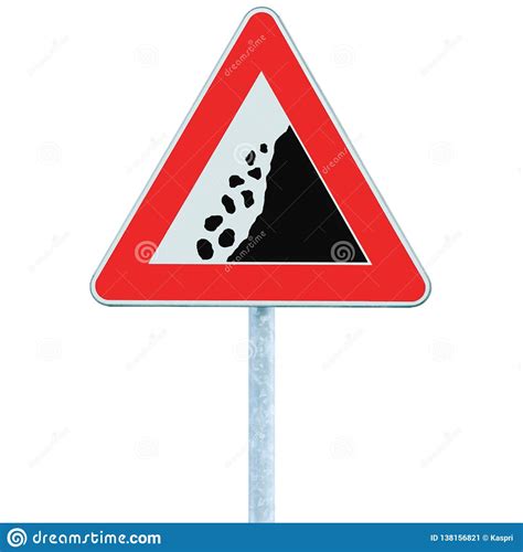 Falling Rocks Risk Caution Road Sign On Pole Post Large Detailed