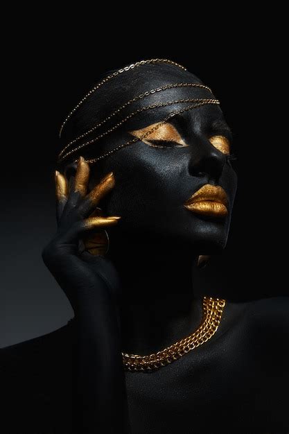 Premium Photo Beauty Gold Makeup Lips Eyelids Woman Black Skin Color Body Art Gold Jewelry