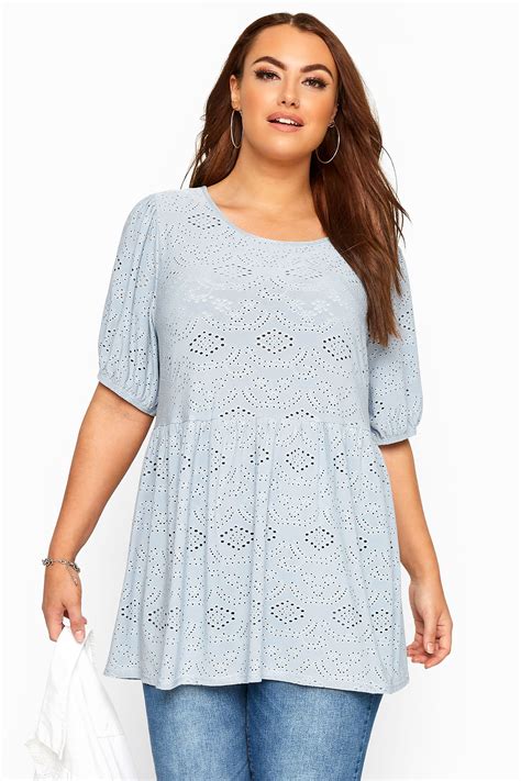 Blue Broderie Anglaise Puff Sleeve Smock Top Yours Clothing