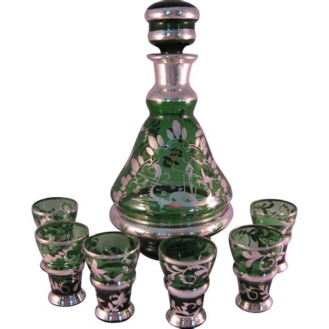 Vintage Italian Emerald Green Glass With Silver Overlay Decanter And 6 From The7hillscollector