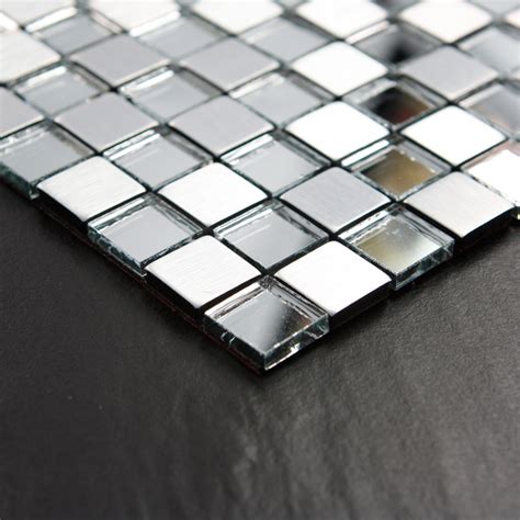 Adhsive Mosaic Tiles Silver Square Peel And Stick Tile Brushed Metal Wall Decoration Glass