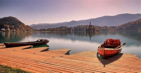 Landscape Mountains Nature Lake Boats Pier Forest Slovenia Lake