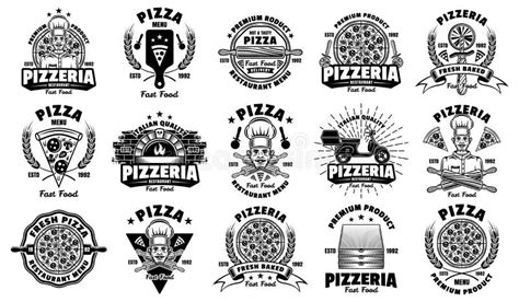 Pizza And Pizzeria Big Set Of Fifteen Vector Emblems Badges Labels Or