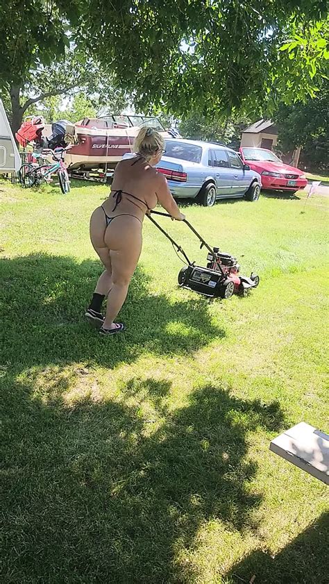 Got Back To Find Wife Mowing In A Thong Bikini Her Ass And Thighs