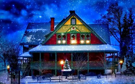 Schnee Winter Haus Neujahr Weihnachten Lichter Bäume Abend