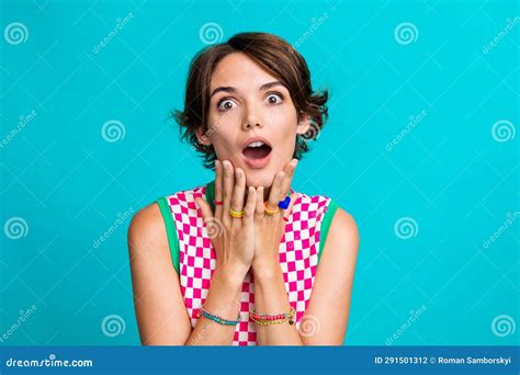 Photo Of Positive Astonished Girl Open Mouth Wear Trendy Outfit Arms