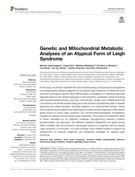 pdf genetic and mitochondrial metabolic analyses of an atypical form of leigh syndrome