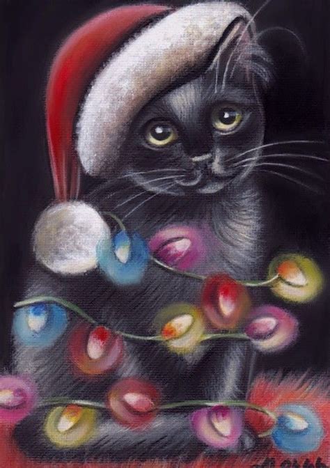 Black Cat Kitten Portrait Christmas Santa Original 5x7 Art Painting By