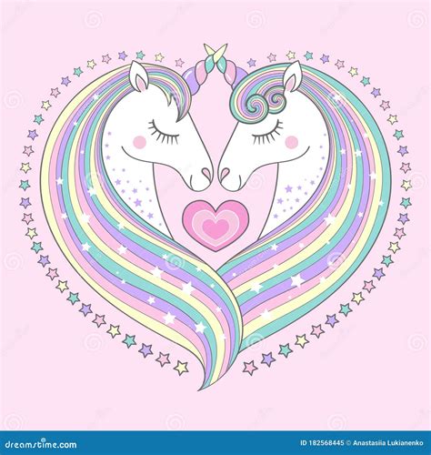 Beautiful Couple Of Unicorns In Love Heart Shaped Composition Vector