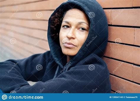 Alone And Sad Girl Portrait On Brick Wall Stock Image Image Of Head