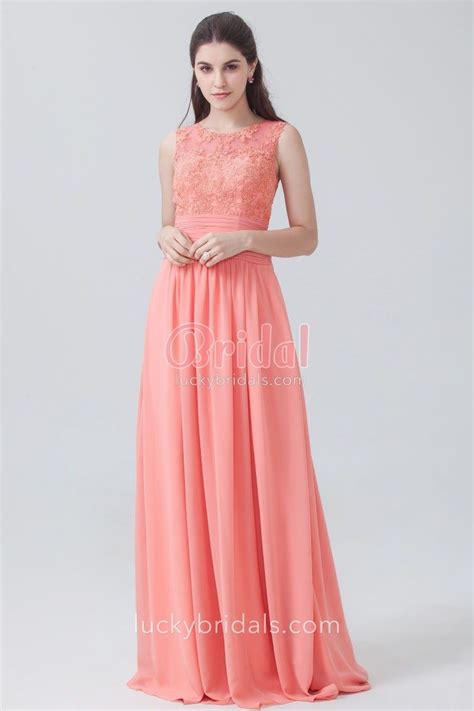 Coral Lace And Chiffon Elegant Bridesmaid Dress Floral Lace Empire