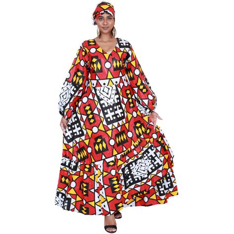 Women S African Print Long Sleeve Maxi Wrap Dress With Scarf African Stars