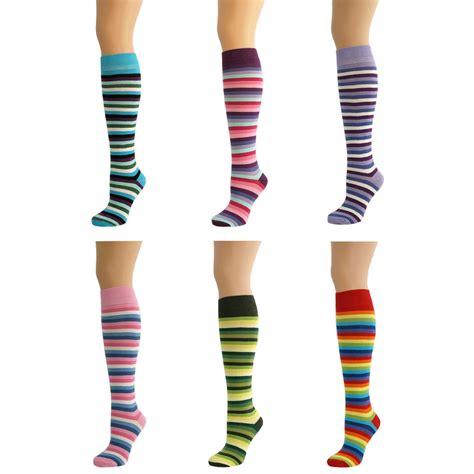 6 Pairs Womens Ladies Girls Stripey Knee High Long Thin Striped Socks
