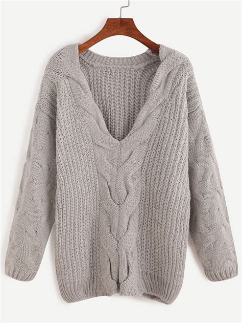 grey v neck cable knit sweater shein sheinside