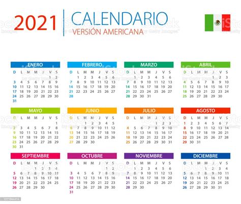 Calendar 2021 Mexico Latin America Color Vector Illustration Spanish