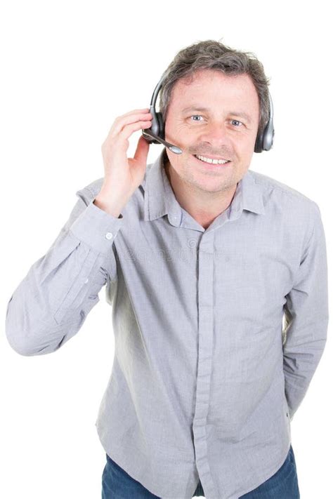 Smiling Customer Support Phone Operator Man In Call Center In White