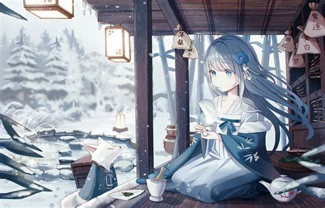 Download 2333x1500 Anime Girl White Hair Chinese Dress Snow Fox
